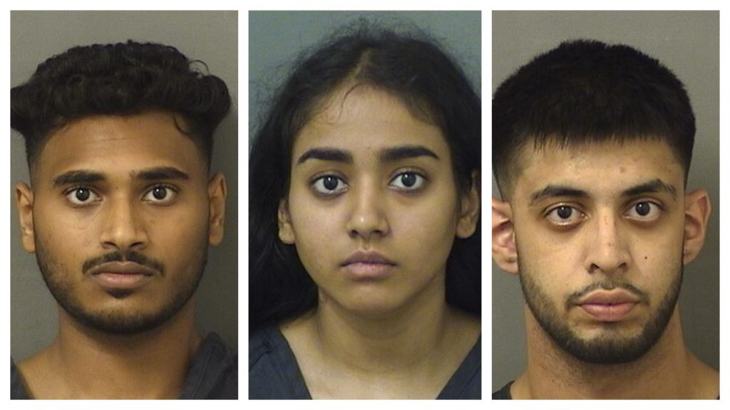Rohan Aggarwal, Aiesha Babulal and Ali bin Shahid. (Photos: Palm Beach County Jail)